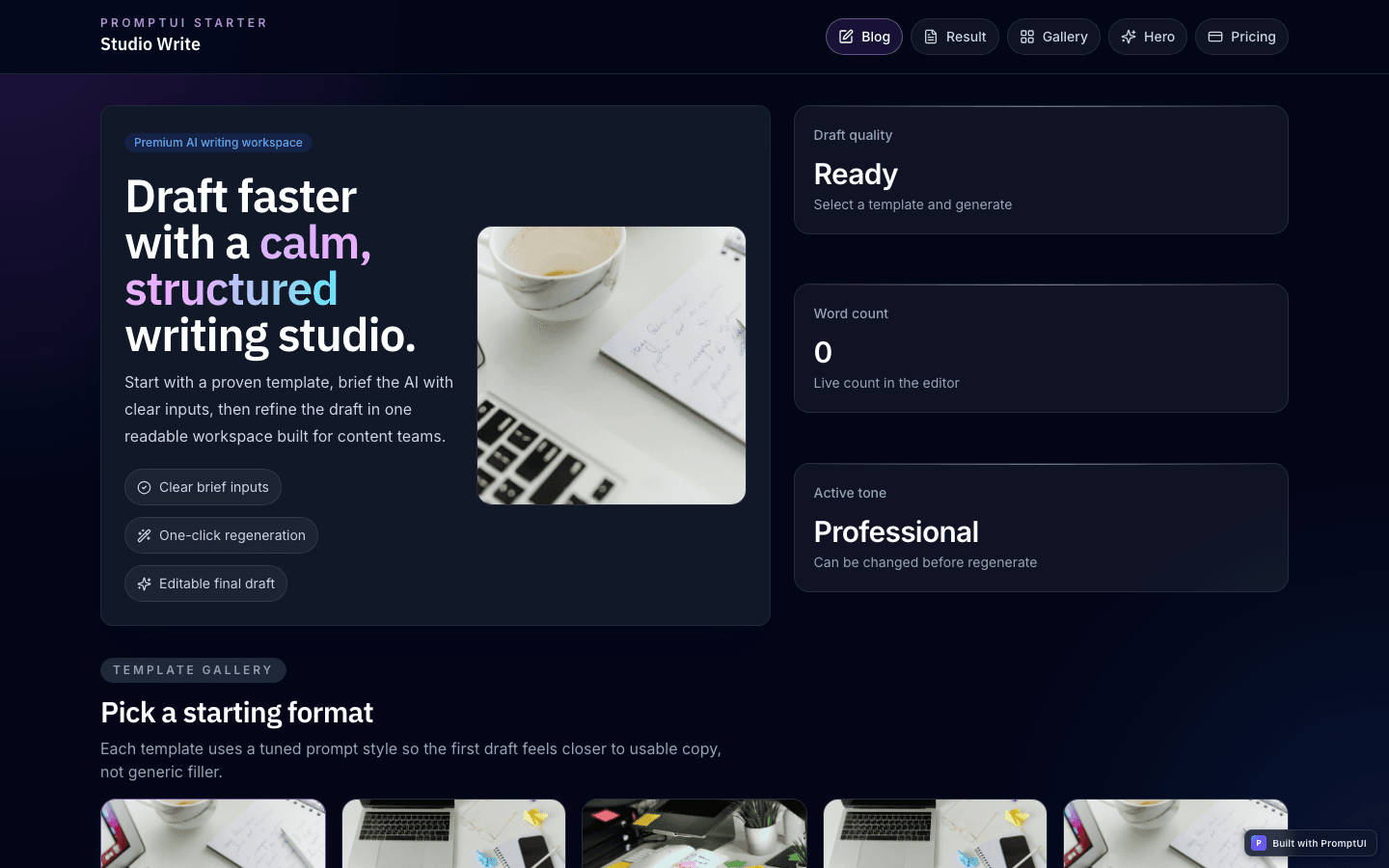 AI Content Writer template preview built with PromptUI