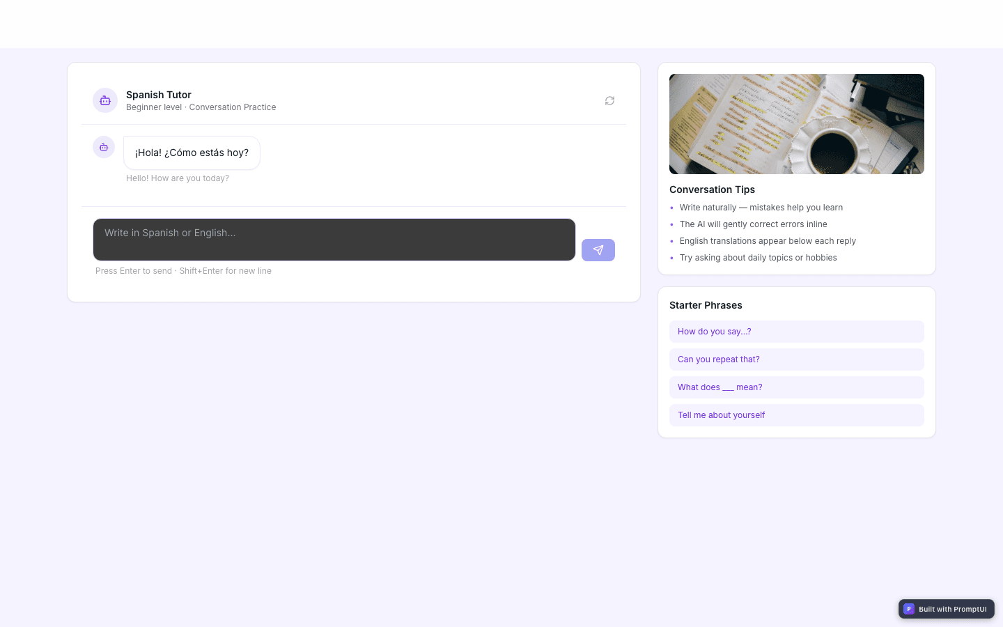 AI Language Tutor template preview built with PromptUI