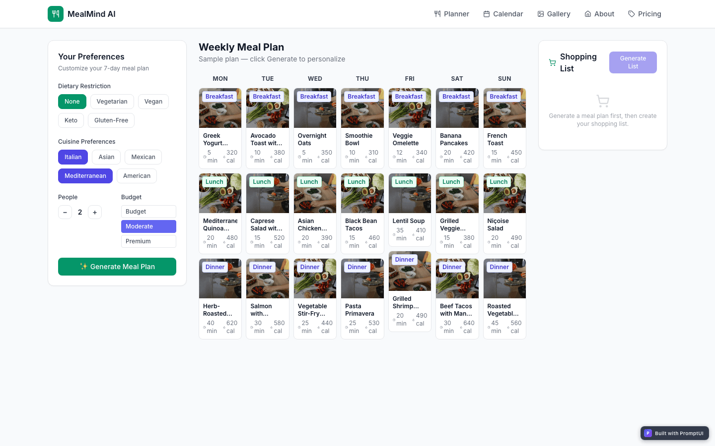 AI Meal Planner template preview built with PromptUI