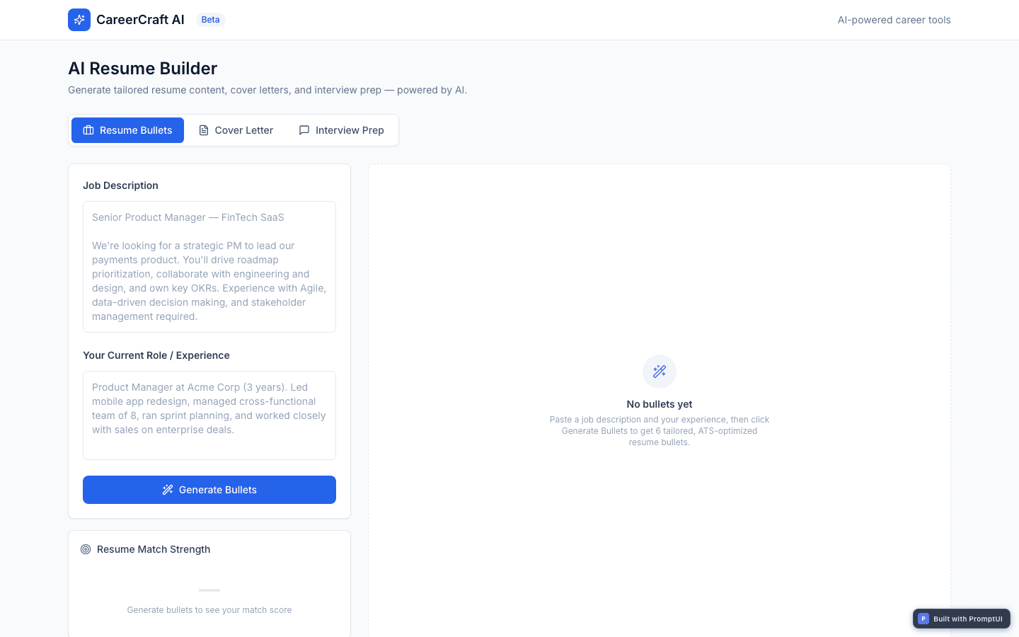 AI Resume Builder template preview built with PromptUI