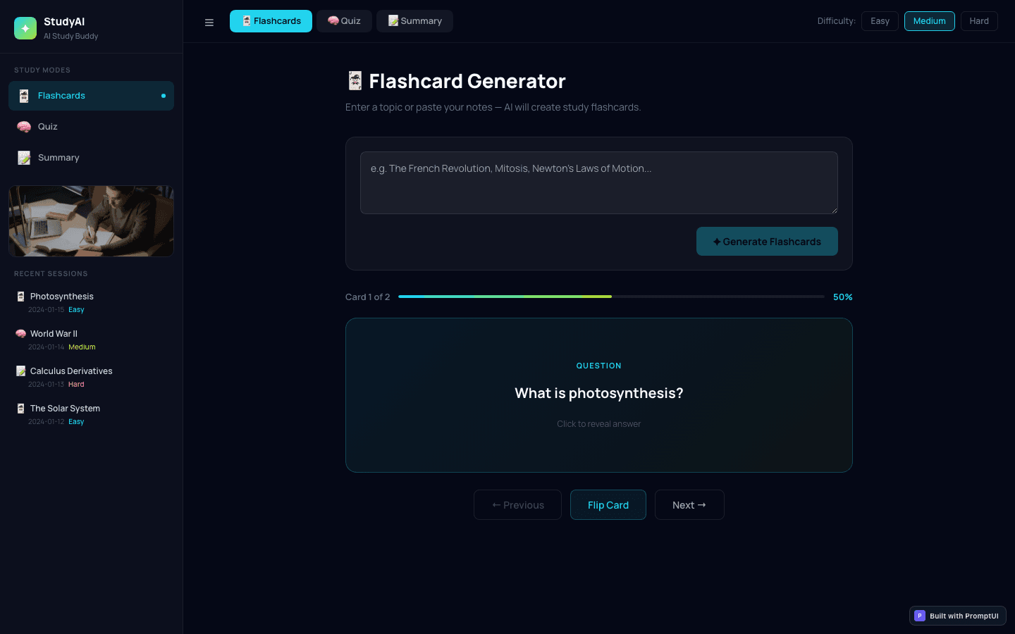 AI Study Buddy template preview built with PromptUI