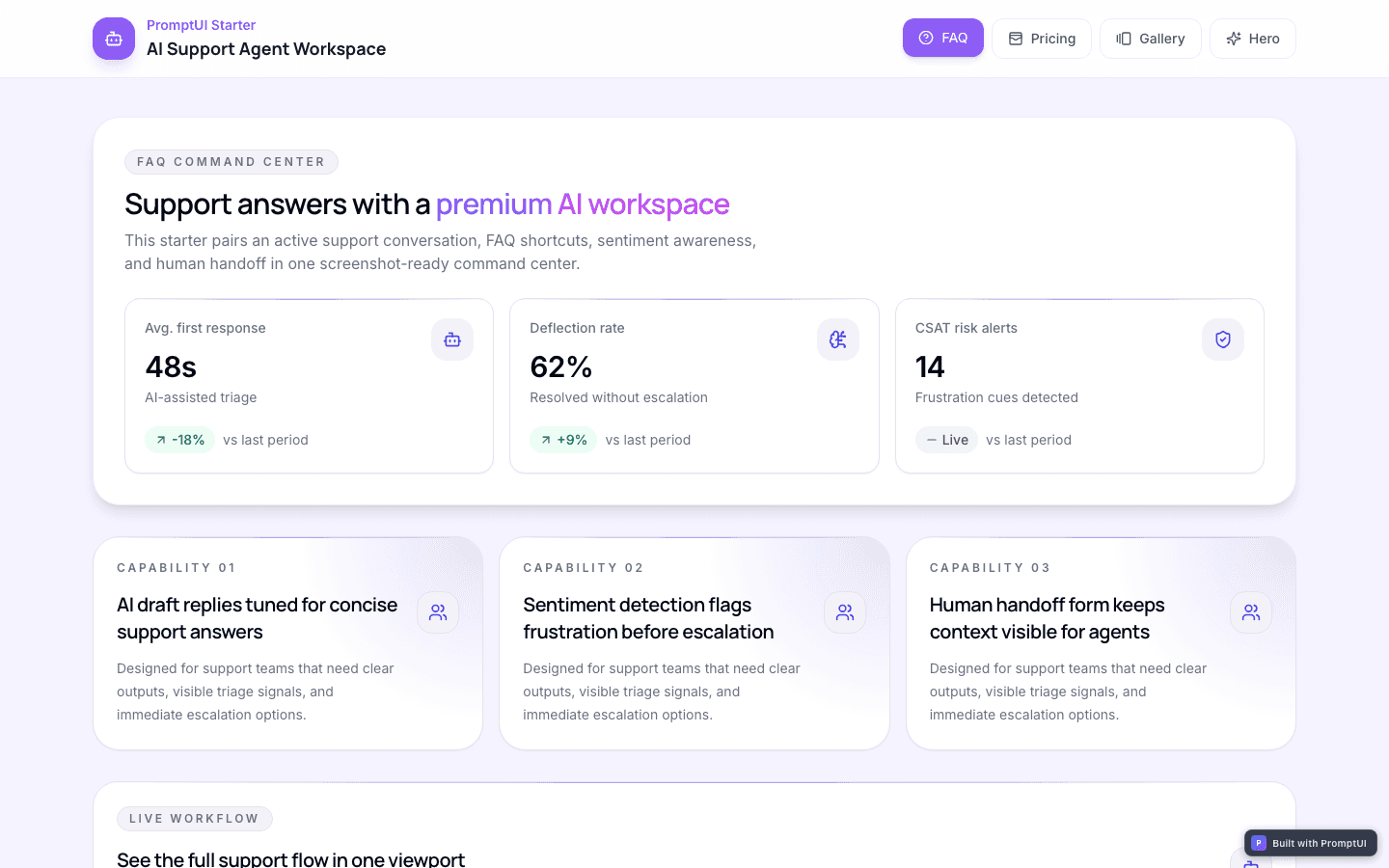 AI Support Agent template preview built with PromptUI