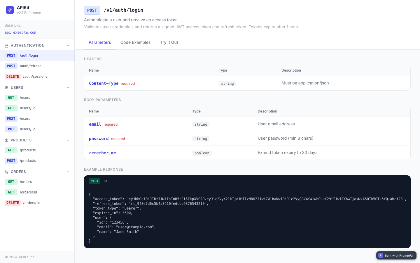 API Documentation template preview built with PromptUI