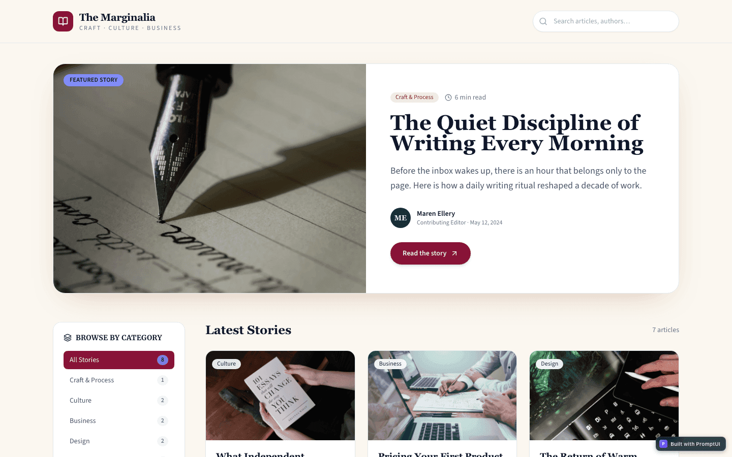 Blog template preview built with PromptUI