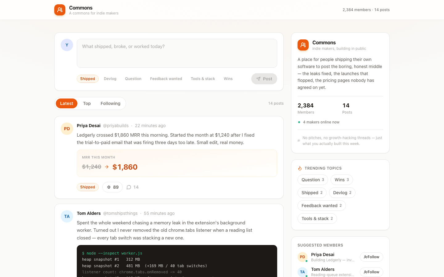 Community Feed template preview built with PromptUI