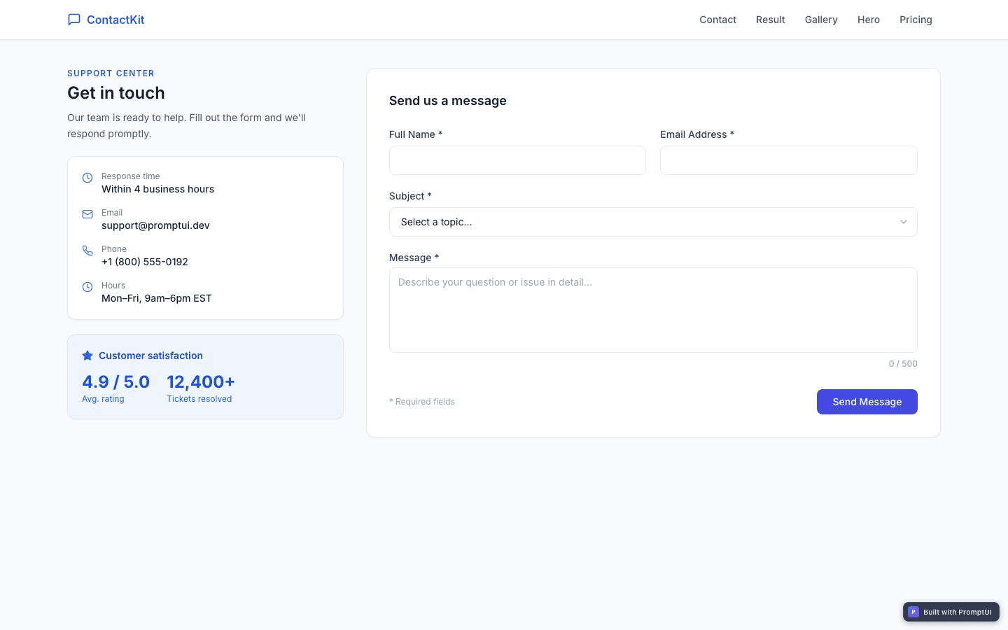Contact Form template preview built with PromptUI