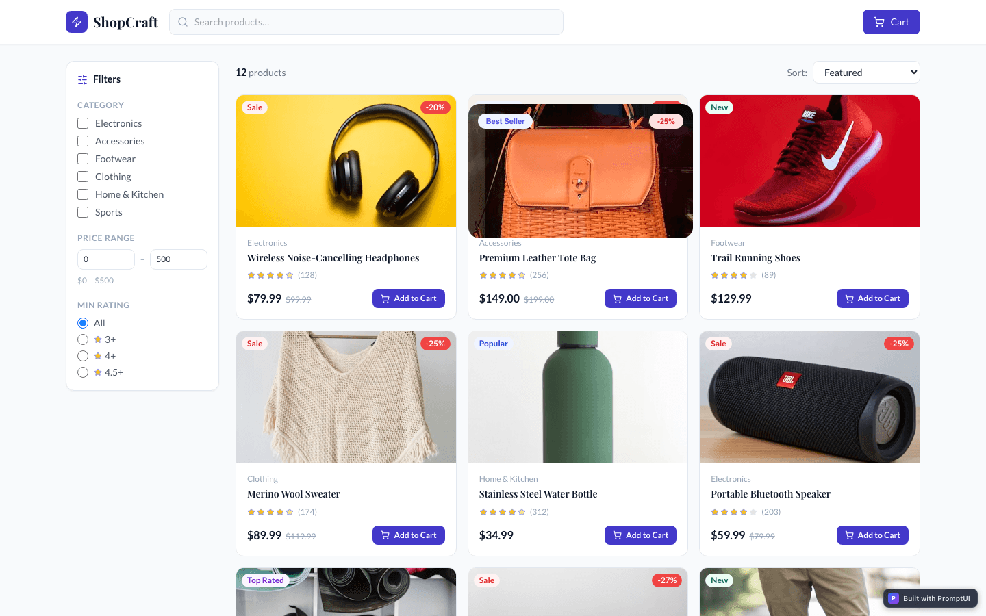 E-Commerce Store template preview built with PromptUI