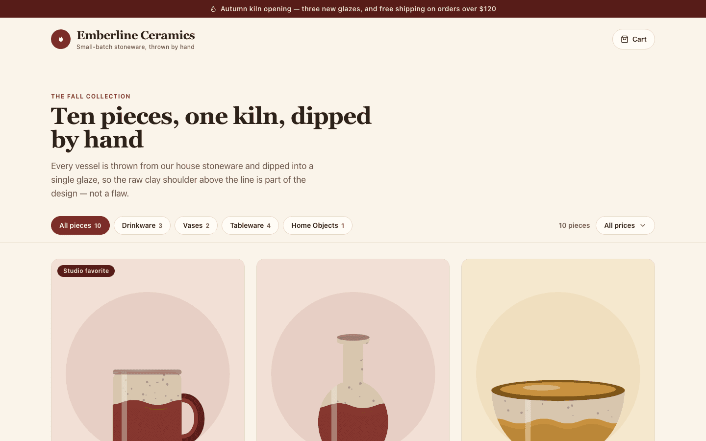 Ceramics Boutique Storefront template preview built with PromptUI