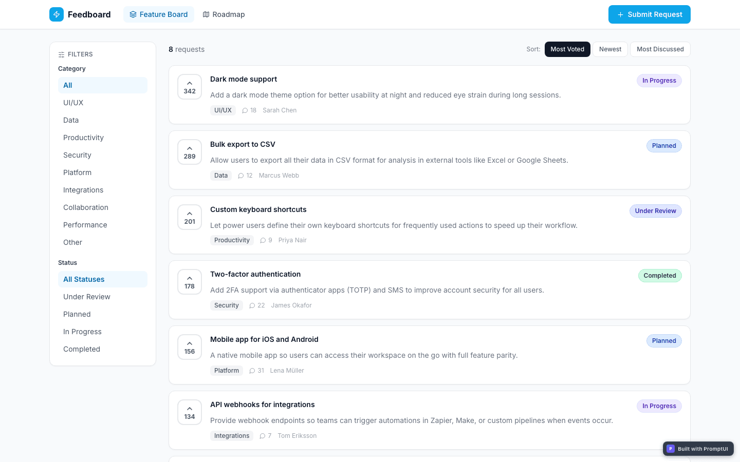 Feature Request Board template preview built with PromptUI