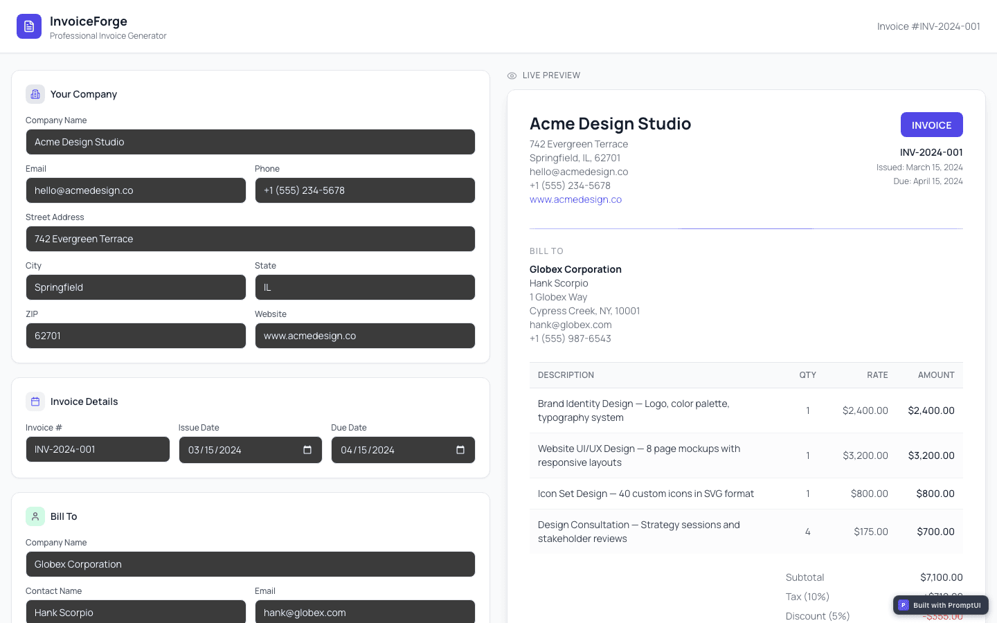 Invoice Generator template preview built with PromptUI