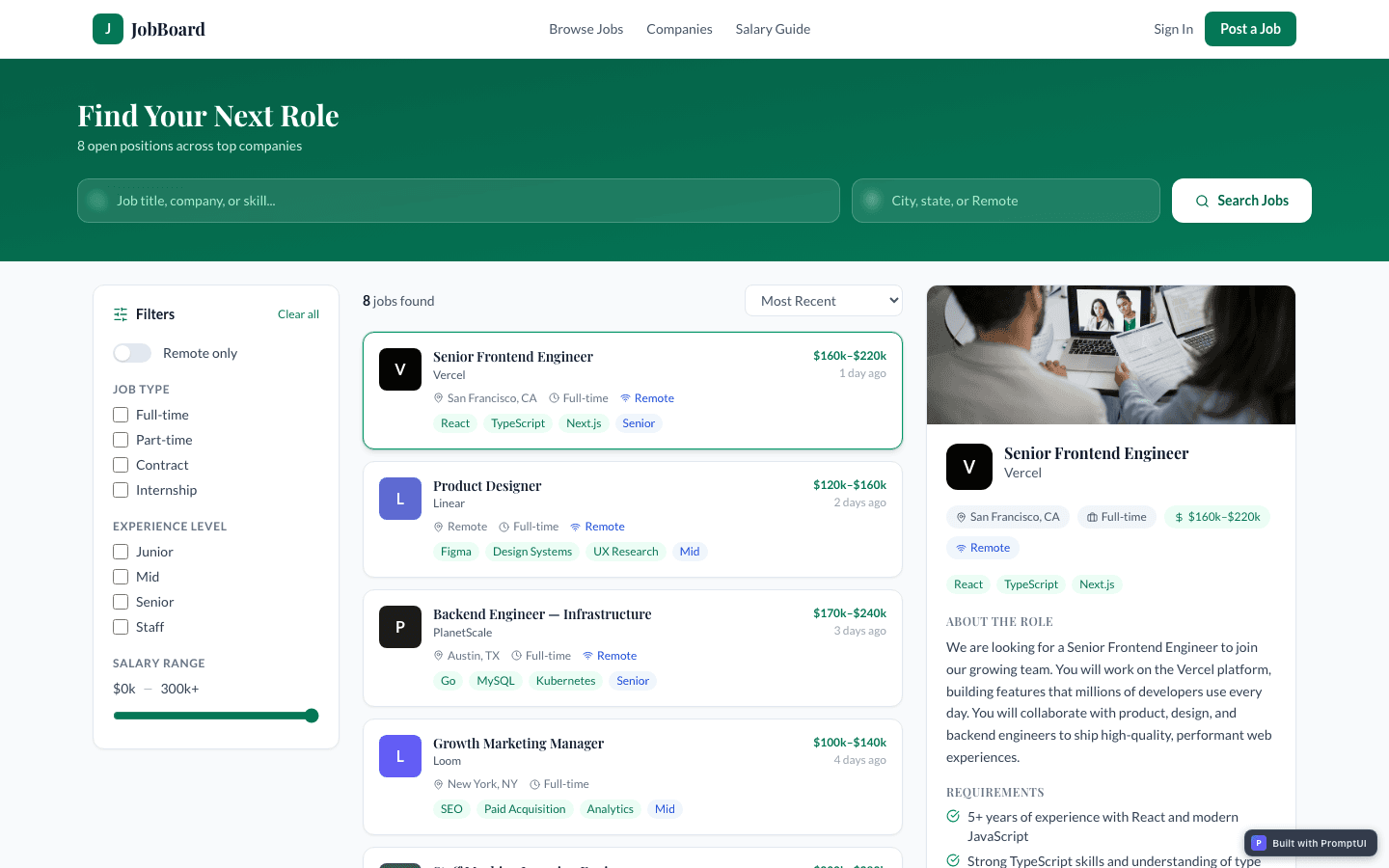 Job Board template preview built with PromptUI