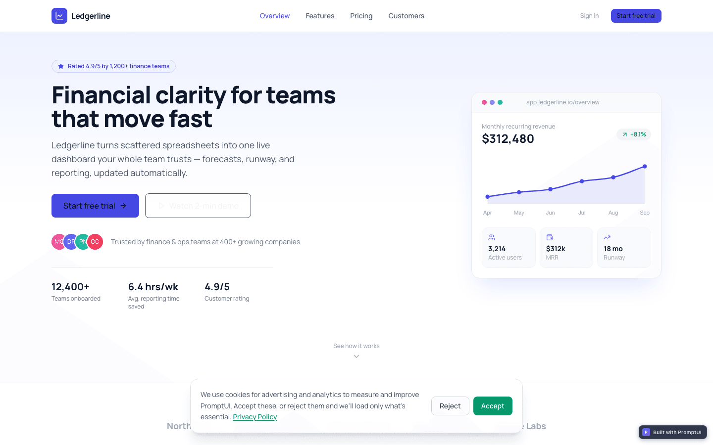 Landing Page template preview built with PromptUI