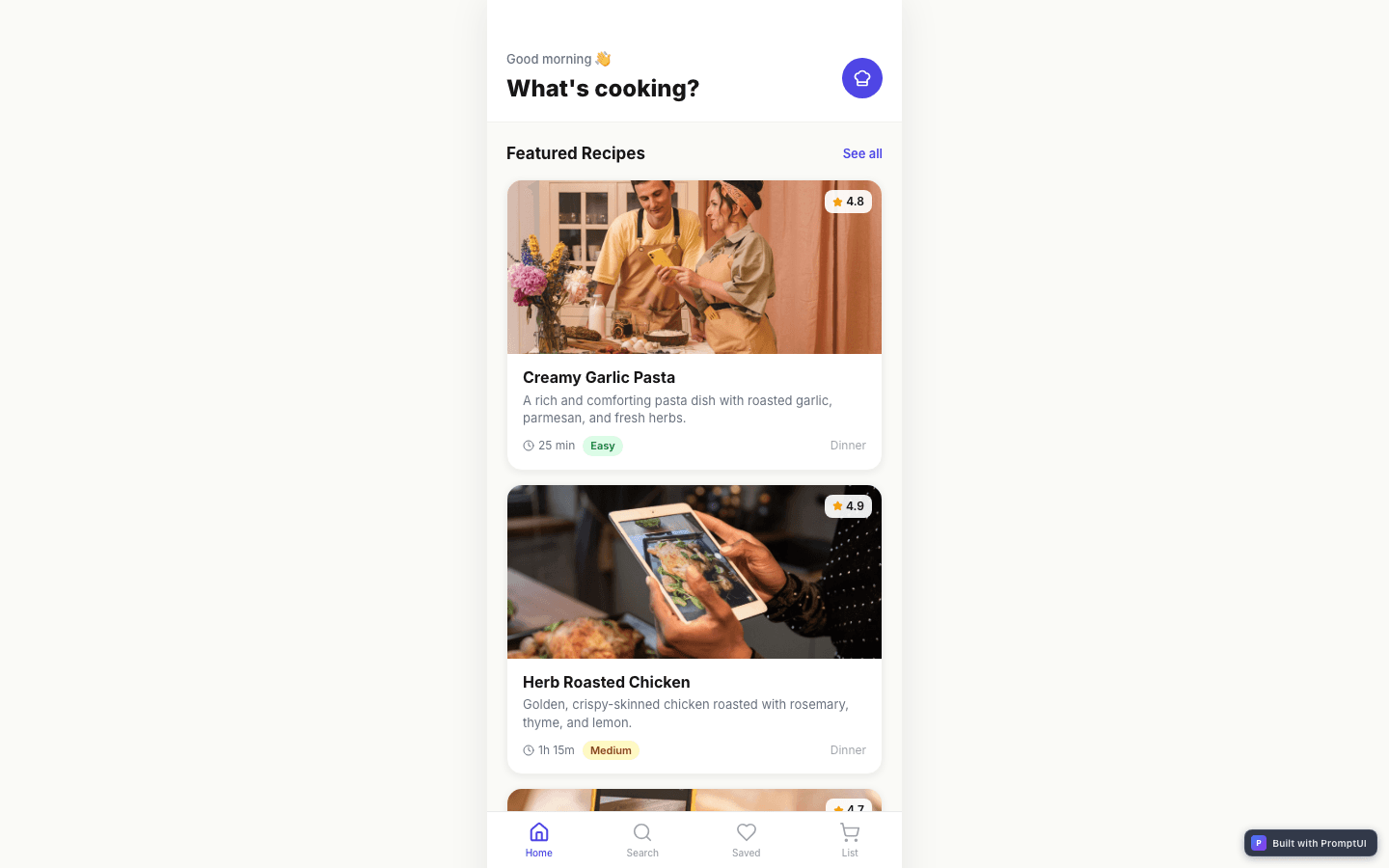 Mobile Recipe Book template preview built with PromptUI