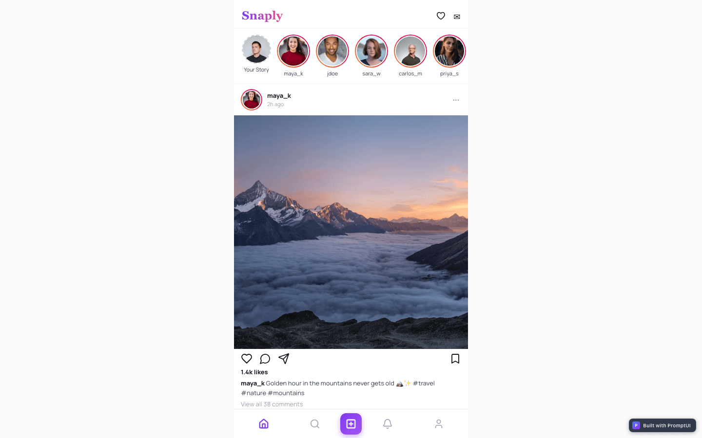 Mobile Social App template preview built with PromptUI
