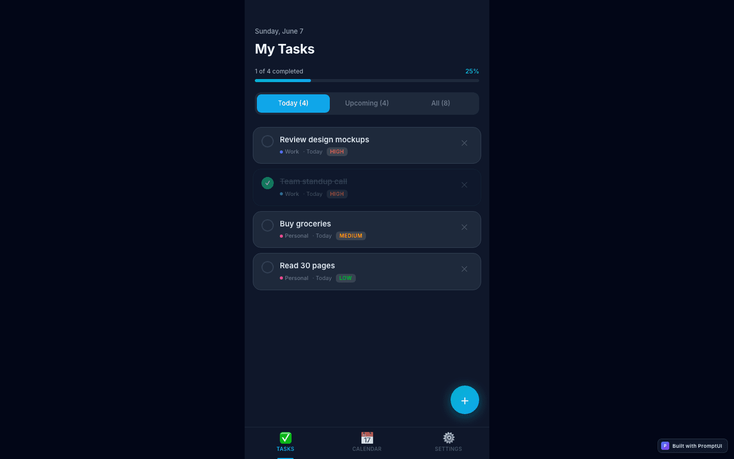 Mobile Task App template preview built with PromptUI