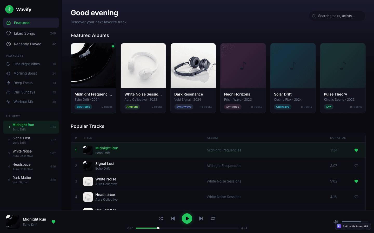 Music Player template preview built with PromptUI