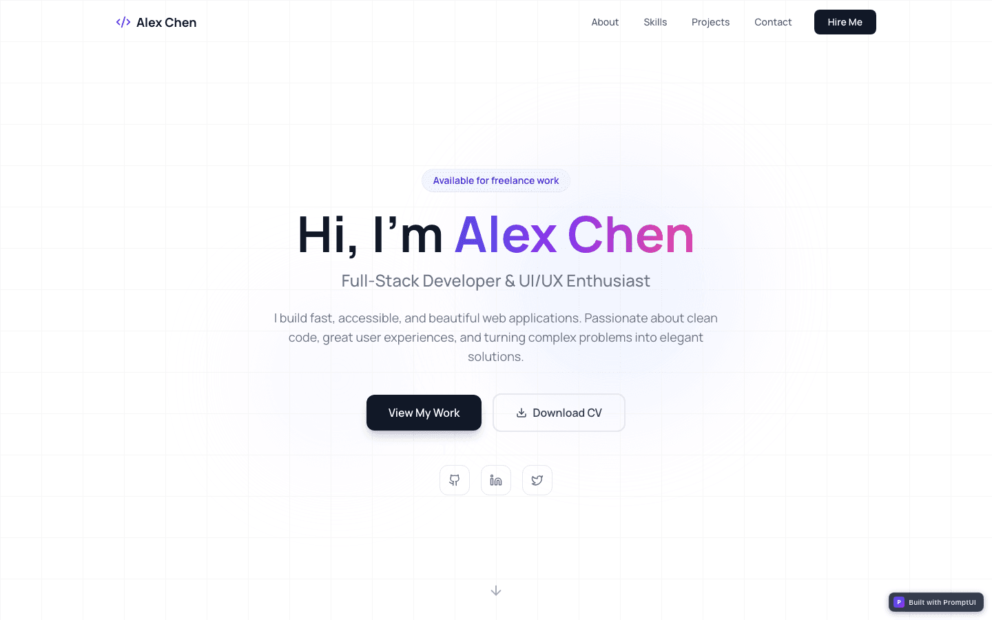 Developer Portfolio template preview built with PromptUI