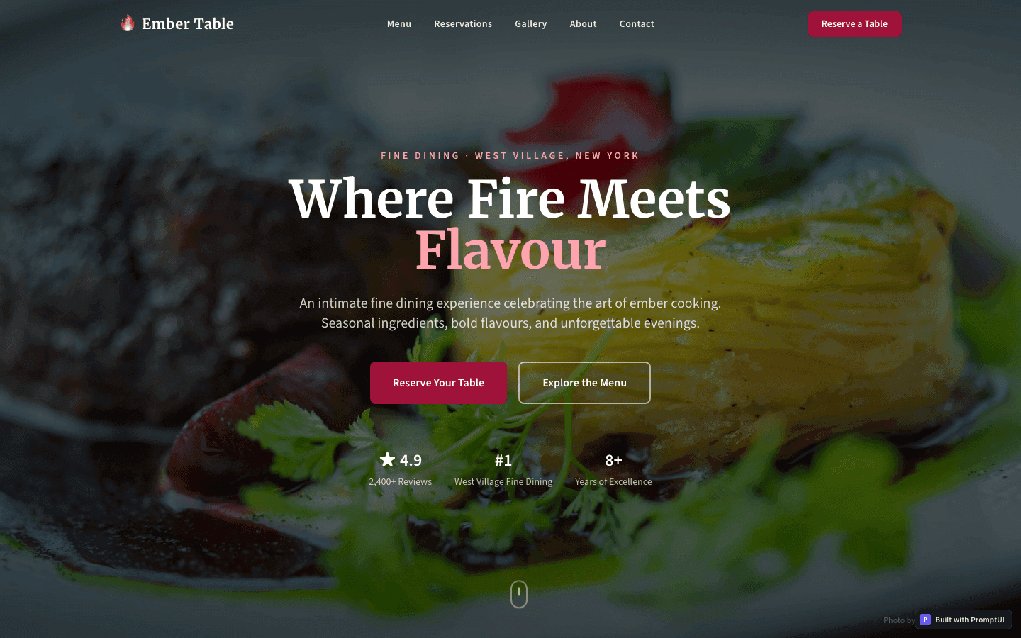 Premium Restaurant Site template preview built with PromptUI