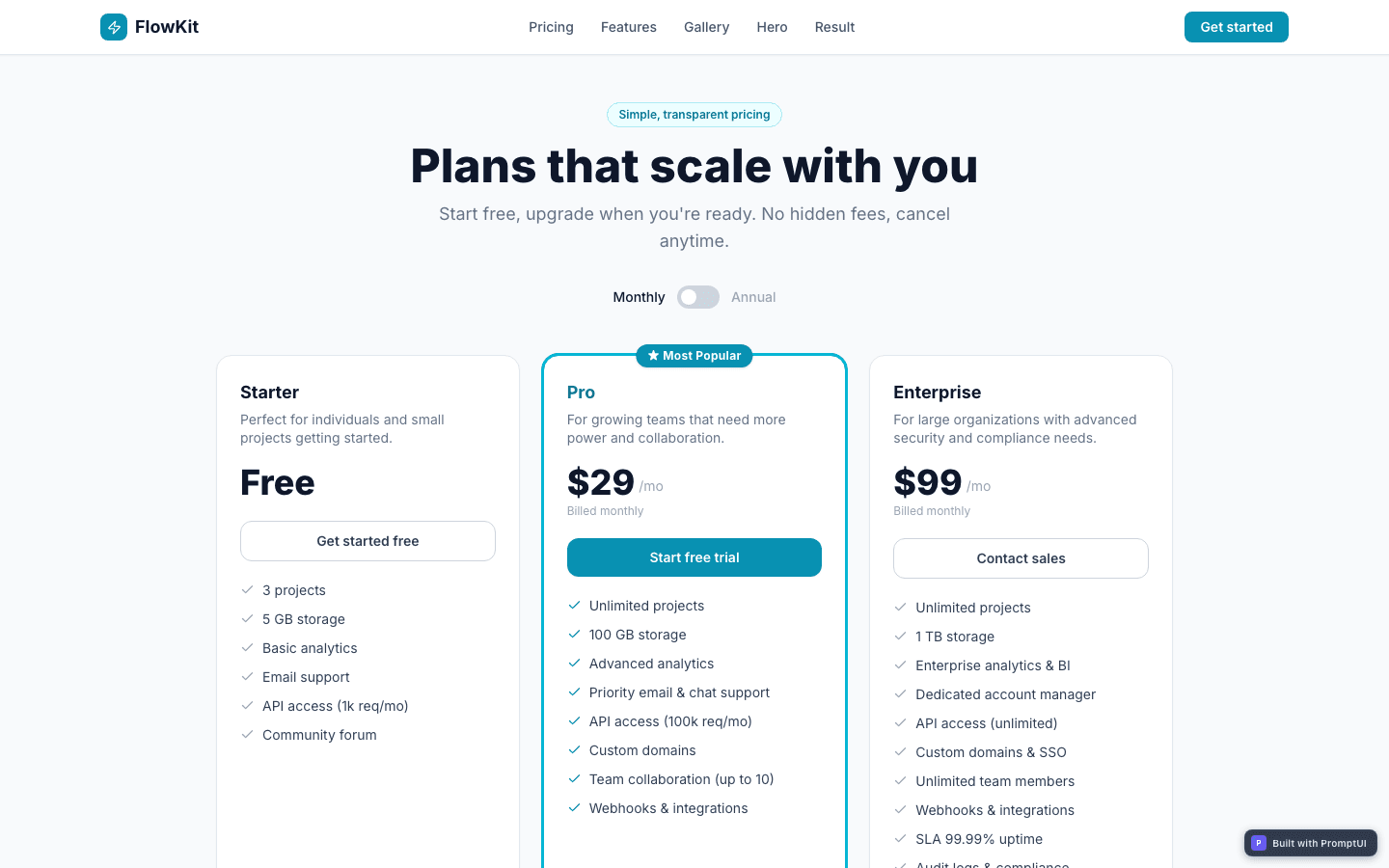 Pricing Page template preview built with PromptUI