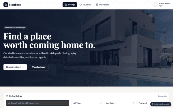 Real Estate Listings template preview built with PromptUI