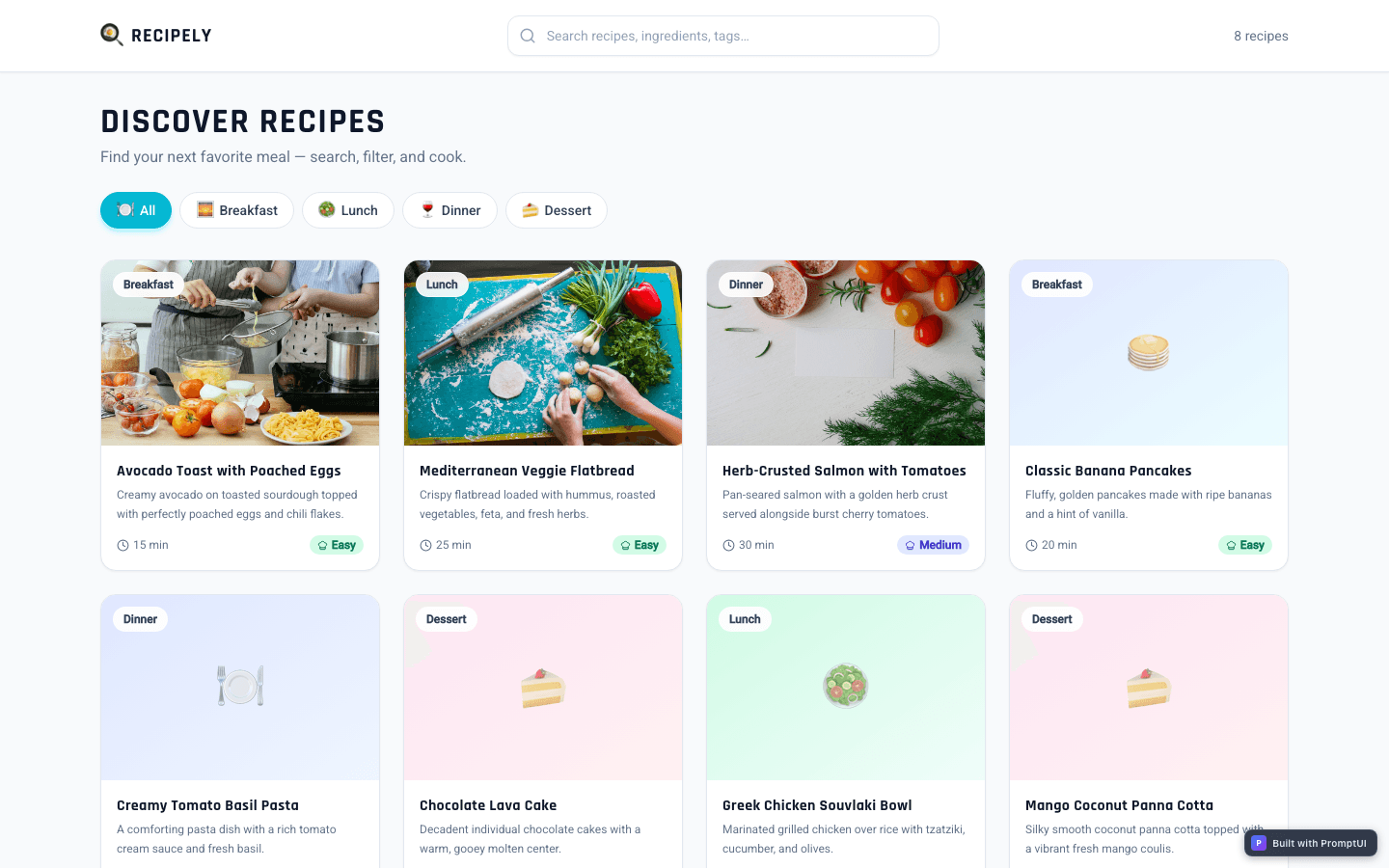 Recipe App template preview built with PromptUI