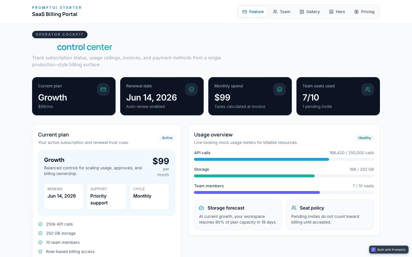 SaaS Billing Portal template preview built with PromptUI