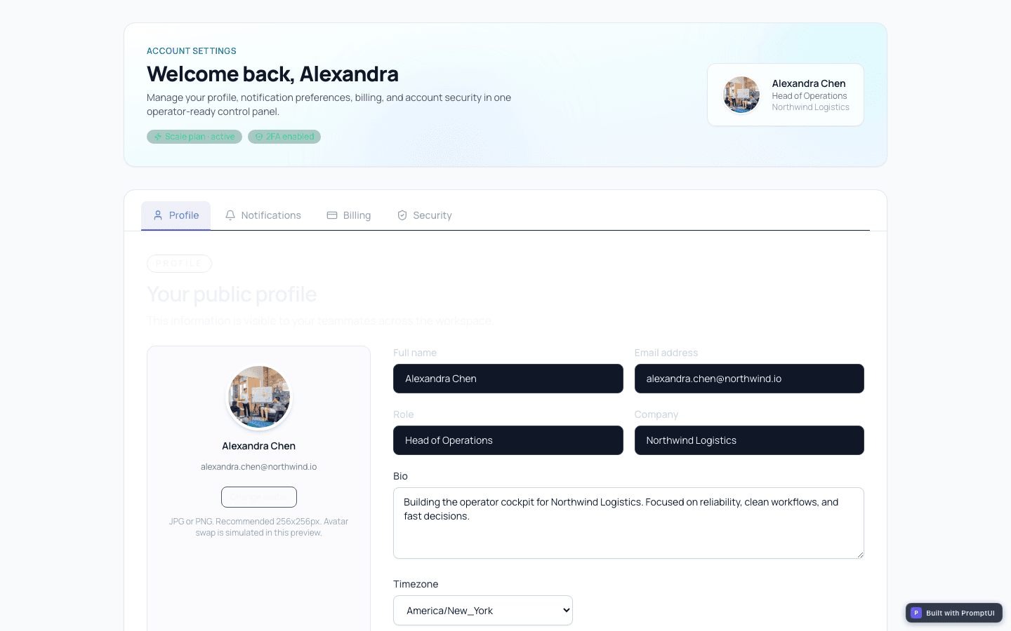 Settings Page template preview built with PromptUI