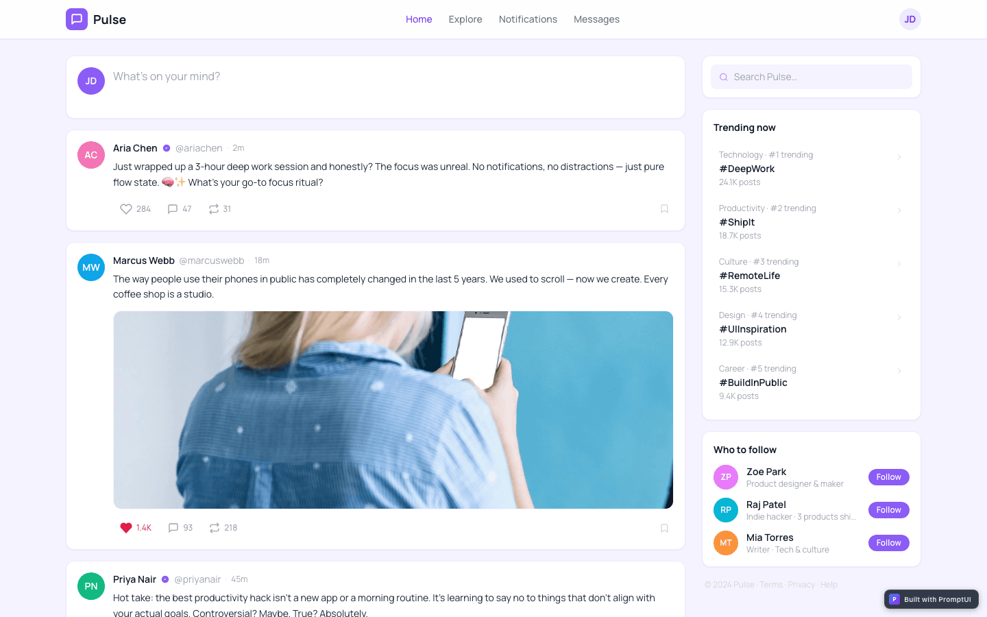 Social Feed template preview built with PromptUI
