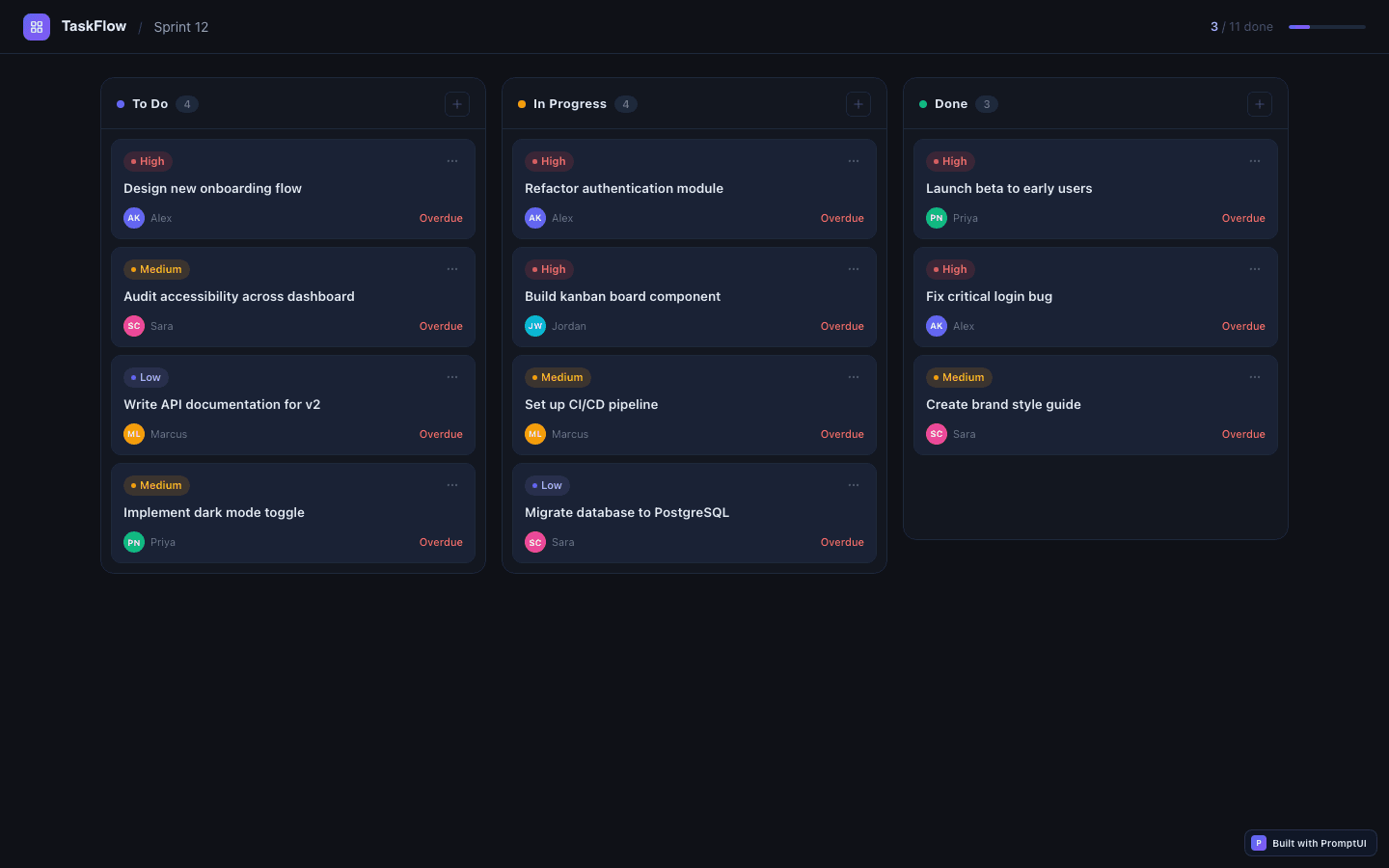 Task Manager template preview built with PromptUI