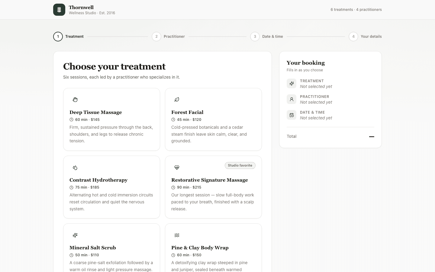 Wellness Booking Flow template preview built with PromptUI