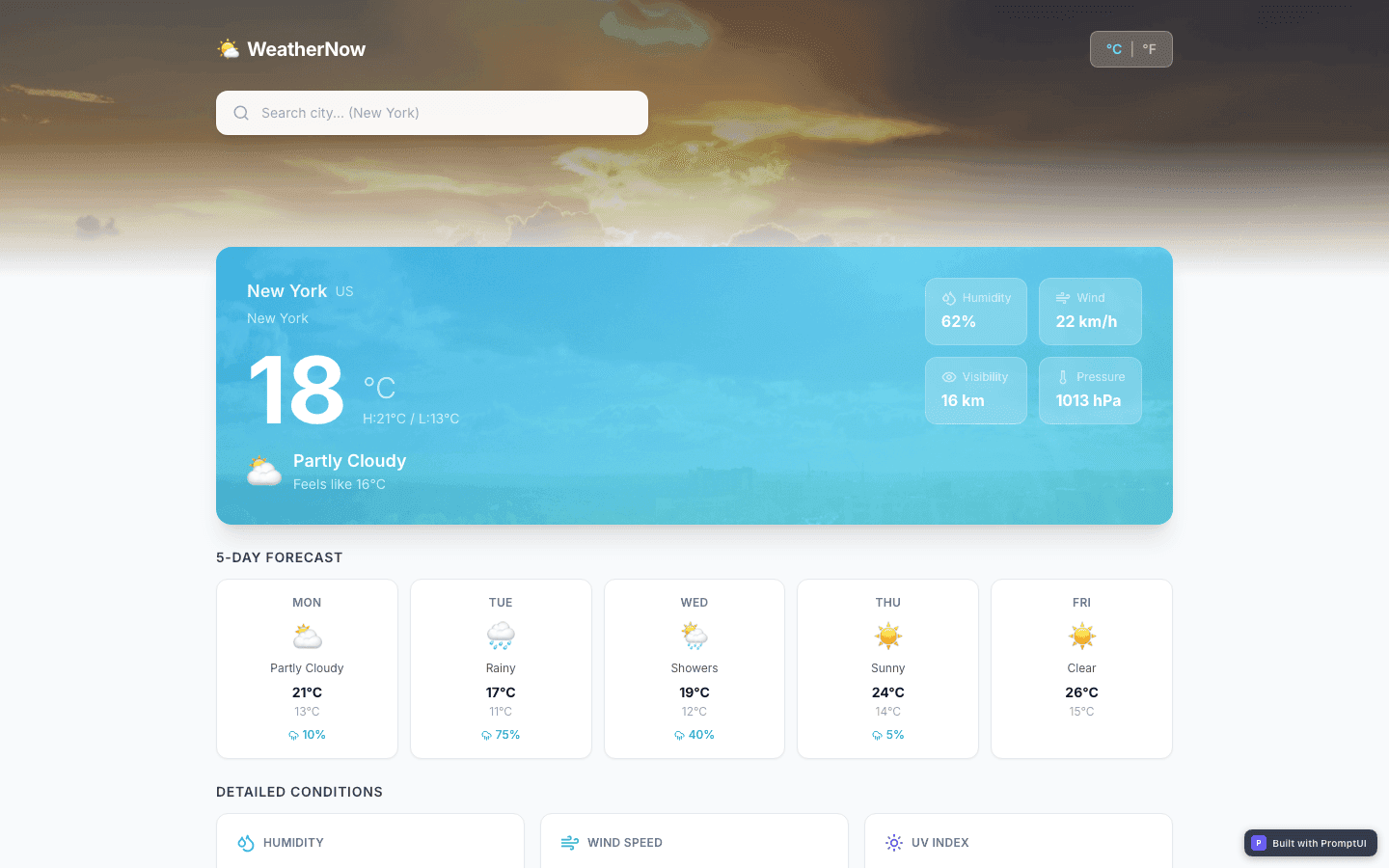 Weather Dashboard template preview built with PromptUI